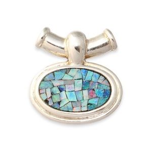 Estate Opal Sterling Silver Necklace Pendant Oval Mosaic Tube Bail